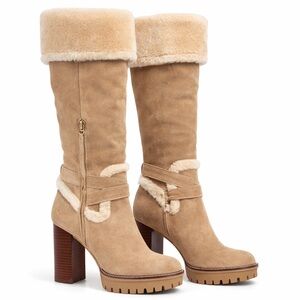 NWOB Sam Edelman Suede Sherling Detail Platform Tan Beige Knee High Size 9